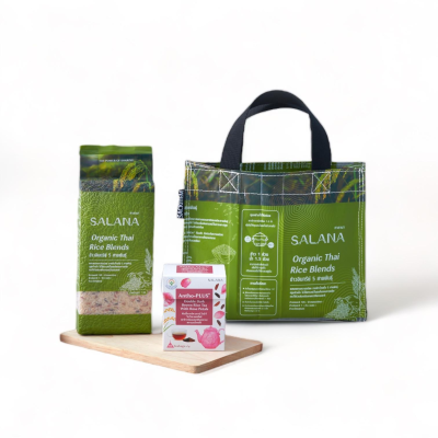 ชุดของขวัญ HAPPY HEALTH ชุดที่ 3 [UPZIDE ชาข้าวแอนโทพลัสสูตรกุหลาบ + ข้าว 5 สายพันธุ์] สีเขียว
