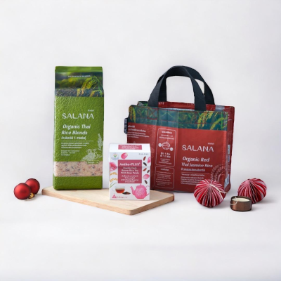 ชุดของขวัญ HAPPY HEALTH ชุดที่ 3 [UPZIDE ชาข้าวแอนโทพลัสสูตรกุหลาบ + ข้าว 5 สายพันธุ์] สีแดง